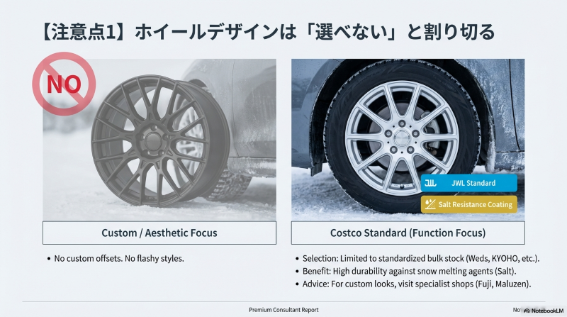 デザイン性よりも耐久性と塩害対策塗装を重視したコストコのスタンダードホイールの仕様解説