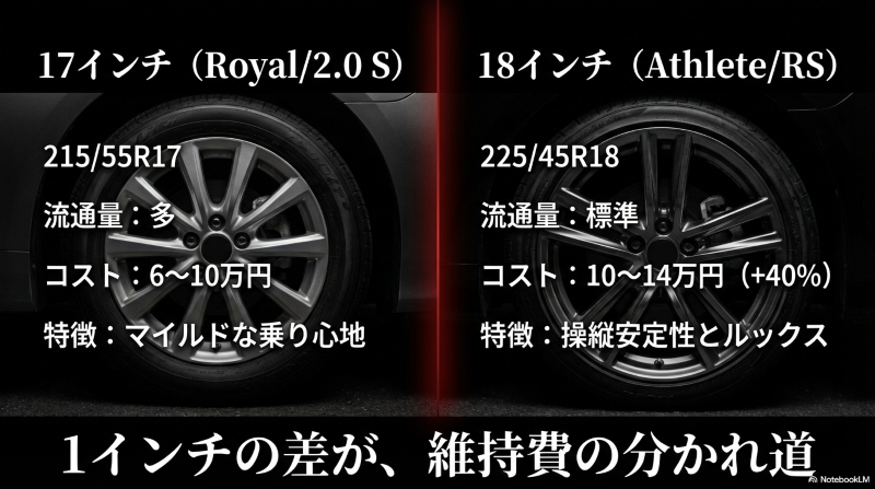 17インチのコストは6〜10万円、18インチのコストは10〜14万円という維持費の比較