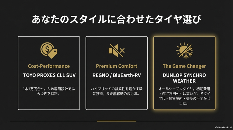 スタイルに合わせたクラウンクロスオーバーのおすすめタイヤ銘柄