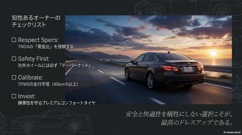 スペック尊重、安全第一、初期化、投資の4項目からなるクラウンオーナー向けカスタムチェックリスト