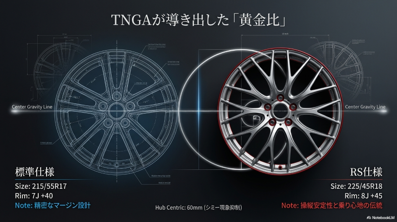 220系クラウンの標準仕様（17インチ・7J+40）とRS仕様（18インチ・8J+45）のホイールサイズ比較図