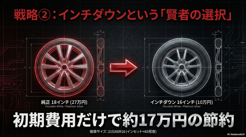 賢者の選択として、純正18インチから16インチへインチダウンすることで、初期費用だけで約17万円の節約になることを示すスライド