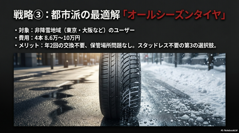 非降雪地域の都市派の最適解として、オールシーズンタイヤを選ぶことで年2回の交換が不要になり、保管場所の問題もなくなるメリットを示すスライド