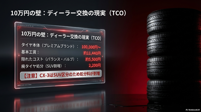 ディーラーでのタイヤ本体価格、基本工賃、隠れたコスト、SUV割増の廃タイヤ処分料を含めると総額が10万円を超える壁を示す表