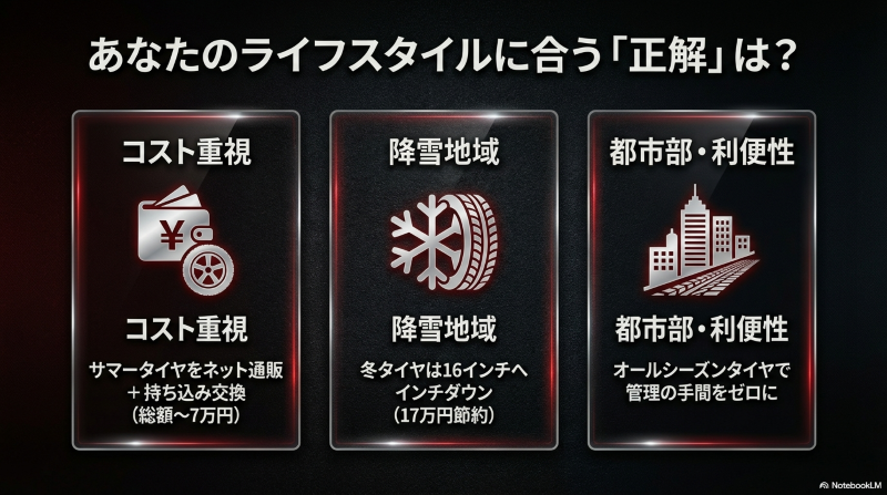 ライフスタイルに合わせ、サマータイヤのネット通販と持ち込み交換、冬タイヤの16インチへのインチダウン、オールシーズンタイヤの活用という3つの正解をまとめた図