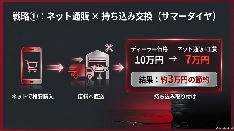 サマータイヤをネットで格安購入し、店舗へ直送して持ち込み交換を行うことで約3万円の節約になる流れを図解したスライド