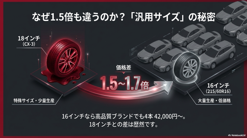 特殊サイズで少量生産の18インチと、大量生産で低価格な16インチ汎用サイズとで、価格に1.5倍から1.7倍の差が出ることを示す比較図