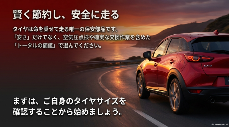 タイヤは命を乗せて走る唯一の保安部品であり、安さだけでなく空気圧点検や確実な交換作業を含めたトータルの価値で選ぶよう促すメッセージ