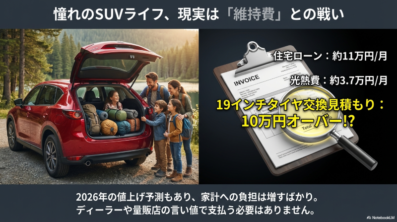 住宅ローンや光熱費など家計への負担と、10万円を超えるCX-5の19インチタイヤ交換費用見積もり