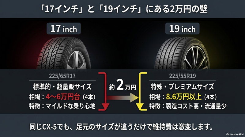 CX-5の17インチと19インチタイヤにおける約2万円の価格相場の壁と特徴
