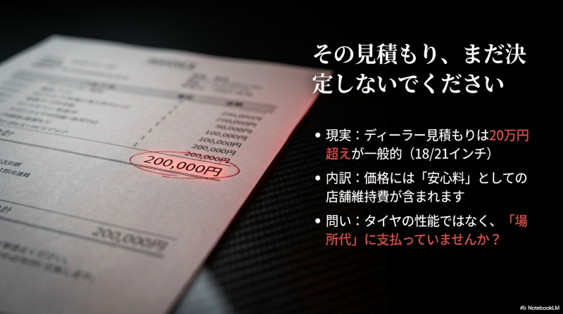 ディーラー見積もりは20万円超えが一般的であり、価格には安心料としての店舗維持費が含まれるという内訳