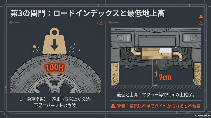 タイヤのバーストを防ぐ純正同等以上の荷重指数(LI)と、マフラー等で9cm以上確保すべき最低地上高