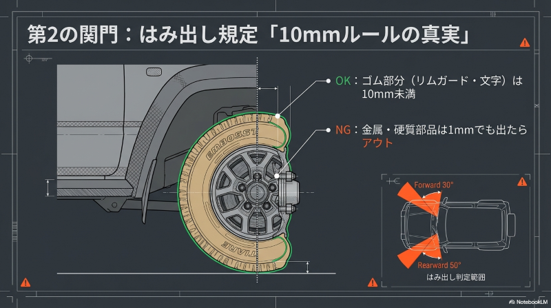 前方30度・後方50度の判定範囲と、ゴム部分は10mm未満OK、金属部品は1mmでもNGとなるルールの図解