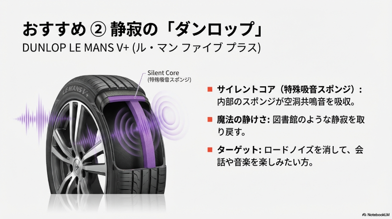 ダンロップのタイヤ「LE MANS V+」の紹介。特殊吸音スポンジ「サイレントコア」が空洞共鳴音を吸収する仕組みの解説