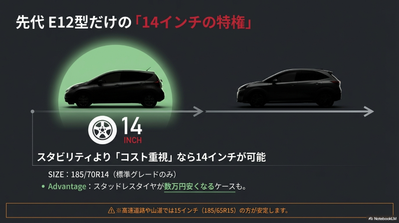 先代ノートE12型は14インチタイヤ装着可能 コスト重視のスタッドレスタイヤ選び
