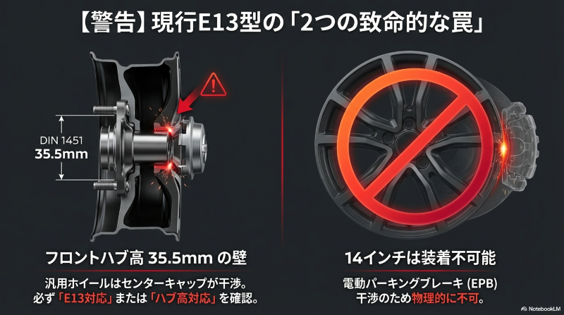 ノートE13型のフロントハブ高は35.5mmあり汎用ホイールのセンターキャップが干渉する図解