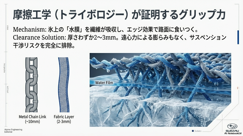 布製スノーソックスの特殊繊維が氷上の水膜を吸収し、路面に強力にグリップする摩擦工学のメカニズム