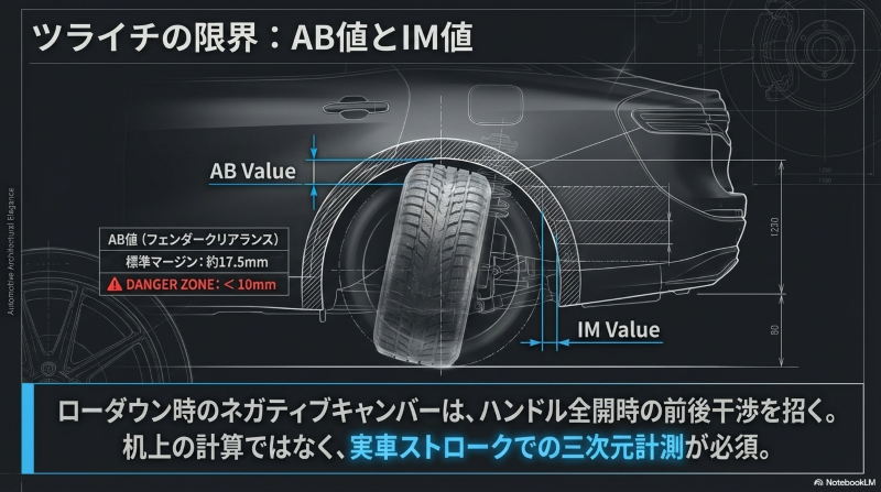 フェンダークリアランス（AB値）の標準マージン約17.5mmと危険域を示す図解