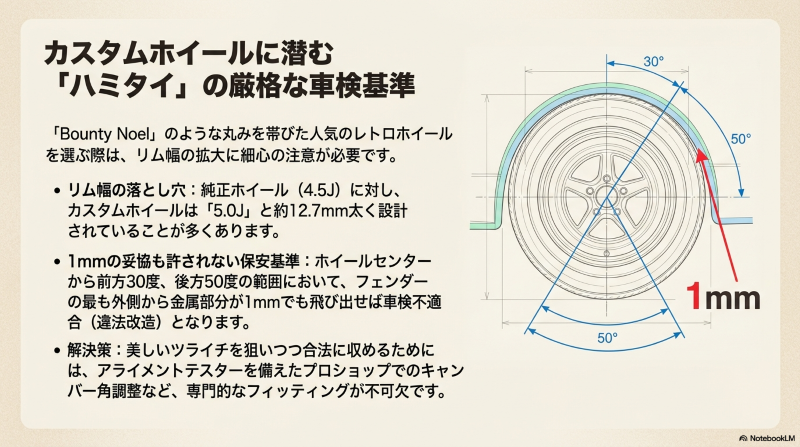 カスタムホイールに潜むハミタイの厳格な車検基準(前方30度・後方50度)