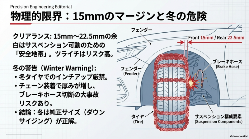 冬用タイヤチェーン装着時に厚みが増し、ブレーキホースへ干渉する危険性を示すサスペンション周辺の構造図
