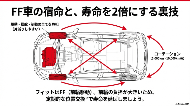 前輪の負担が大きいFF車（前輪駆動）の寿命を延ばすため、5,000km〜10,000km毎にタイヤの位置交換（ローテーション）を行う図解