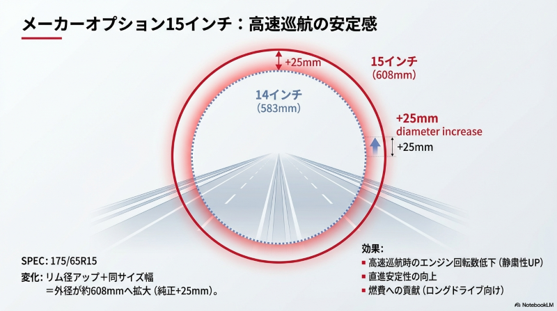 純正14インチから15インチへ変更した際の外径25mmアップと直進安定性向上の効果を示す比較図