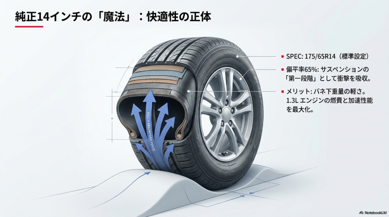 175/65R14サイズのフィット純正14インチタイヤが持つ衝撃吸収性とバネ下重量の軽さを図解したスライド