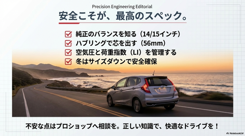 フィットGE6のタイヤ交換における、ハブ径、空気圧、荷重指数、冬のサイズダウンなど安全確保のための総まとめ