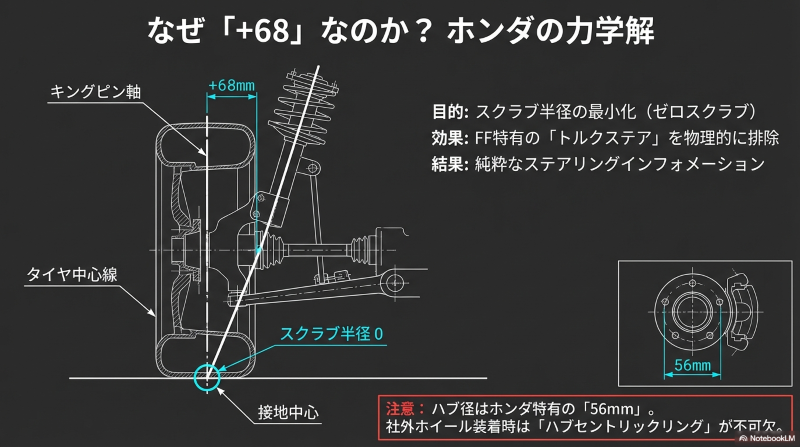 フィットRSのハブ径56mmとインセット+68によるスクラブ半径ゼロの構造図