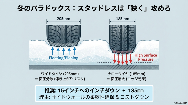 スタッドレスタイヤにおける205mm(ワイド)と185mm(ナロー)の面圧と浮き上がりリスク比較
