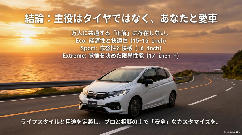 フィットRSのライフスタイル別(エコ・スポーツ・エクストリーム)最適なタイヤサイズ結論