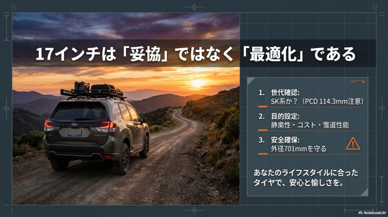 世代確認、目的設定、安全確保の3ステップでまとめた、フォレスターのタイヤ選びの結論