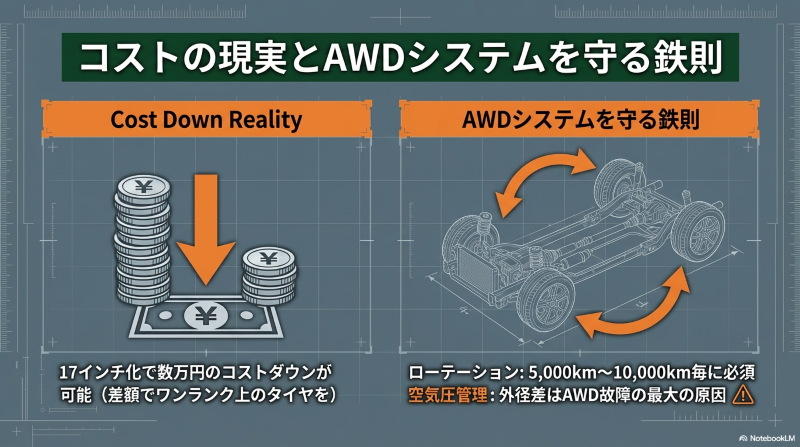 17インチ化によるコストダウンのイメージ図と、AWDシステム故障を防ぐための定期的なタイヤローテーションの重要性