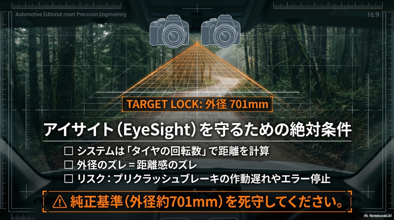 タイヤの回転数で距離を計算するアイサイトのシステムと、外径約701mmを死守すべき理由の解説