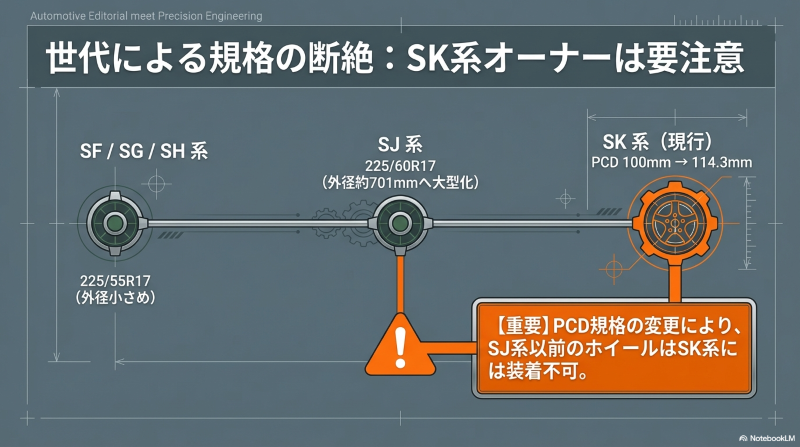 SF/SG/SH系からSJ系へのタイヤ外径の大型化と、SK系でのPCD100mmから114.3mmへの規格変更を示す図解