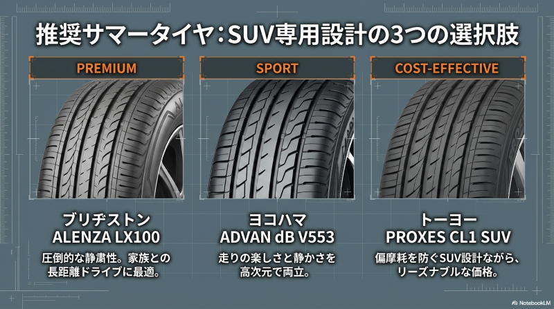 プレミアム、スポーツ、コストパフォーマンスの各カテゴリにおける推奨サマータイヤ(ブリヂストン、ヨコハマ、トーヨー)の紹介