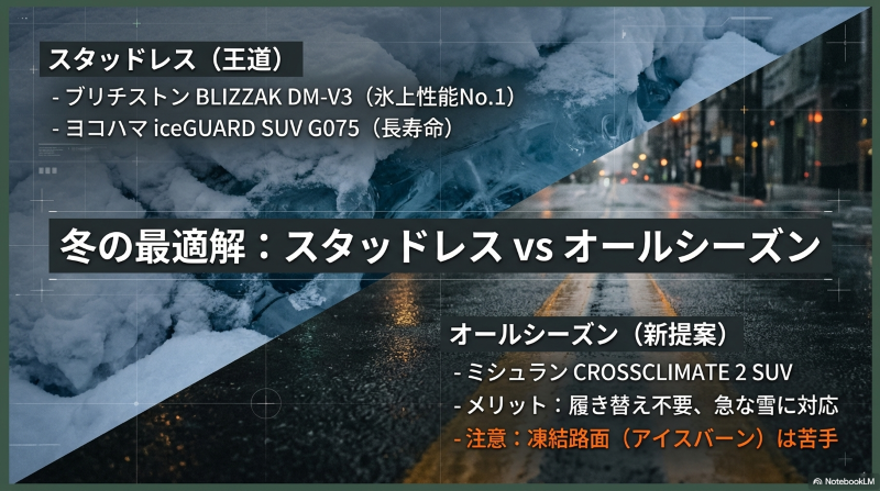 王道のスタッドレスタイヤ(ブリザック、アイスガード)と新提案のオールシーズンタイヤ(クロスクライメート2)の特徴比較