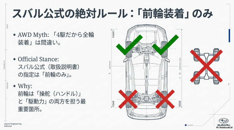 スバル公式取扱説明書で指定されているフォレスターのタイヤチェーン前輪装着と、4輪・後輪装着のNGを図解