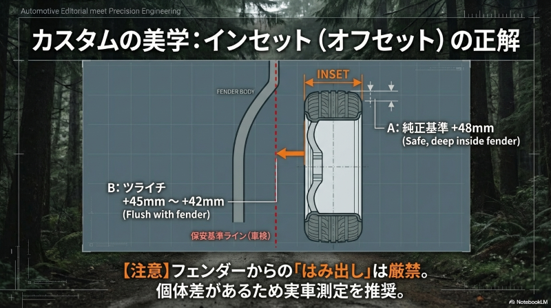 フェンダーからのタイヤのはみ出しに関する保安基準ラインと、純正基準やツライチのインセット数値を示す図