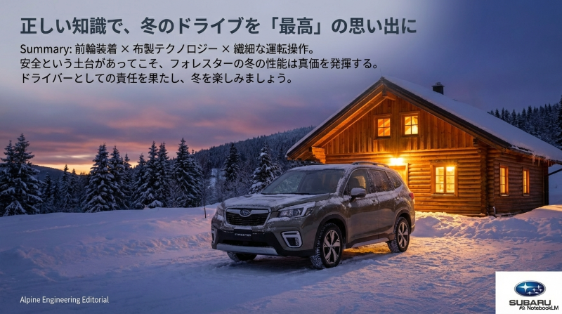 前輪装着、布製テクノロジー、繊細な運転操作を組み合わせ、フォレスターでの冬のドライブを安全に楽しむための総括まとめ