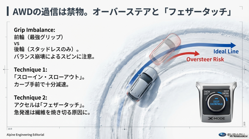 前後輪のグリップバランス崩壊によるオーバーステアのリスクと、フェザータッチやスローイン・スローアウトなど雪道運転のテクニック