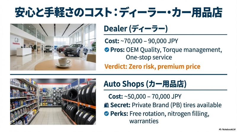 ホンダディーラーとオートバックスなどのカー用品店でのタイヤ交換費用の相場とサービスの違い