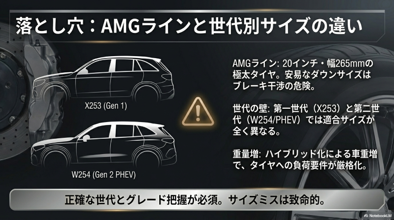 第一世代と第二世代の適合サイズの違いとAMGライン特有の20インチ極太タイヤの注意点