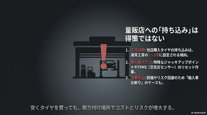 量販店へのタイヤ持ち込み交換が得策ではない理由と2倍から3倍に設定される割増工賃の壁