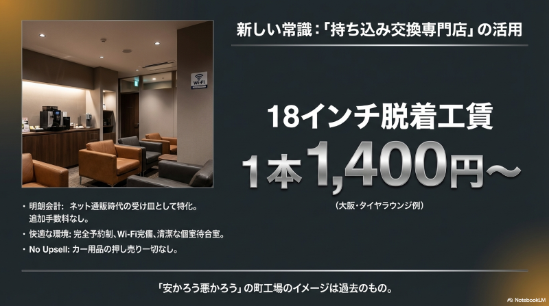 明朗会計で快適な環境を提供する持ち込みタイヤ交換専門店の新しい常識と1本1,400円からの工賃