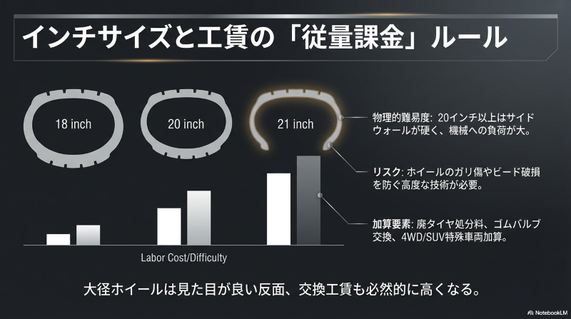 18インチから21インチまでのインチサイズに伴うタイヤ交換工賃の従量課金ルールと物理的難易度