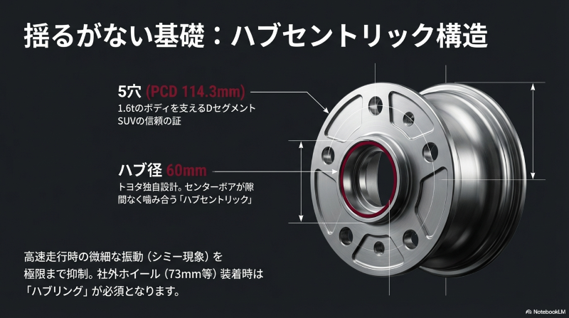 ハリアー60系の5穴PCD114.3mmとハブ径60mmのハブセントリック構造の解説図