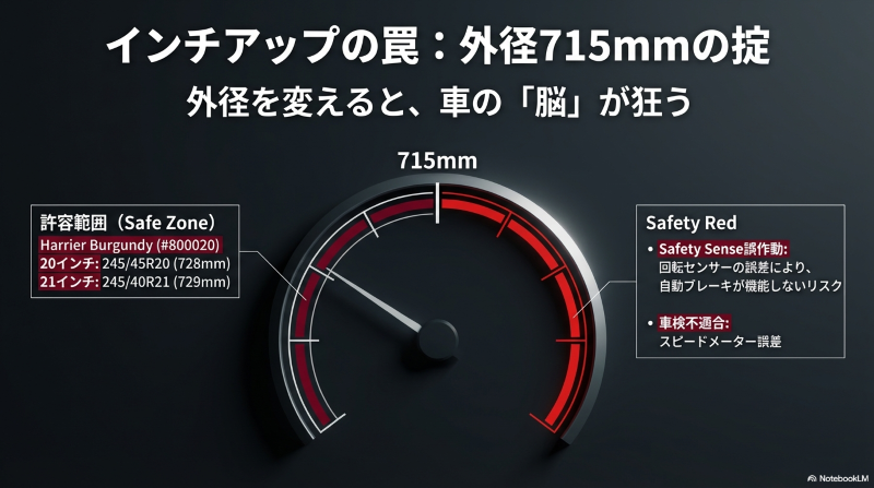 インチアップ時に外径715mmを維持しないと発生する自動ブレーキ誤作動や車検不適合のリスク