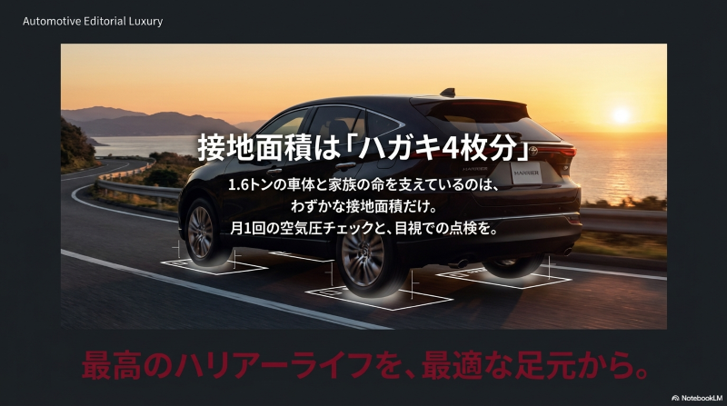 ハガキ4枚分の接地面積で1.6トンの車体を支えるハリアーの月1回空気圧チェックの啓発