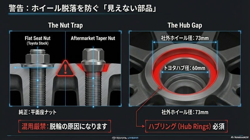 トヨタ純正の平面座ナットと社外テーパーナットの違い、およびハブ径60mmから73mmへの変換リングの必要性